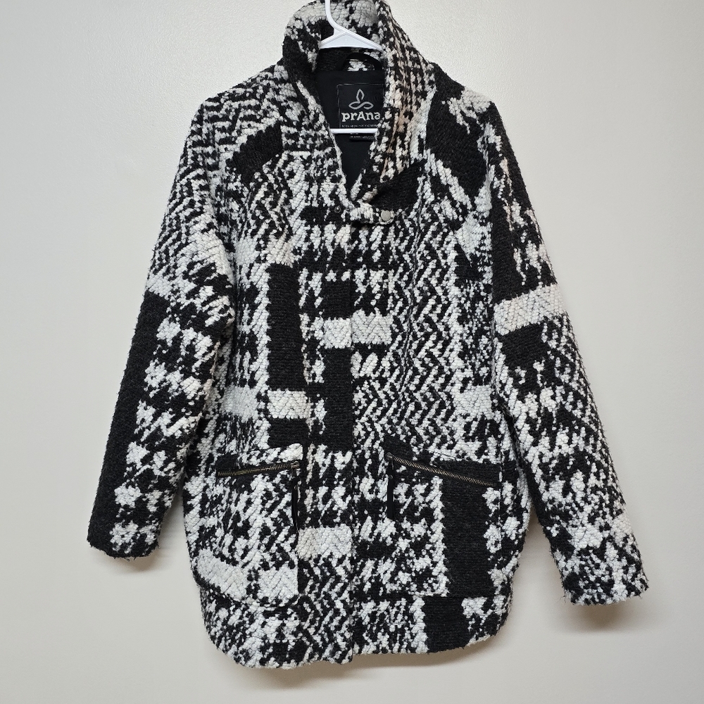 PRANA "Sakari" Coat Oversized Wool Blend AZTEC Black & White Women's Size XL